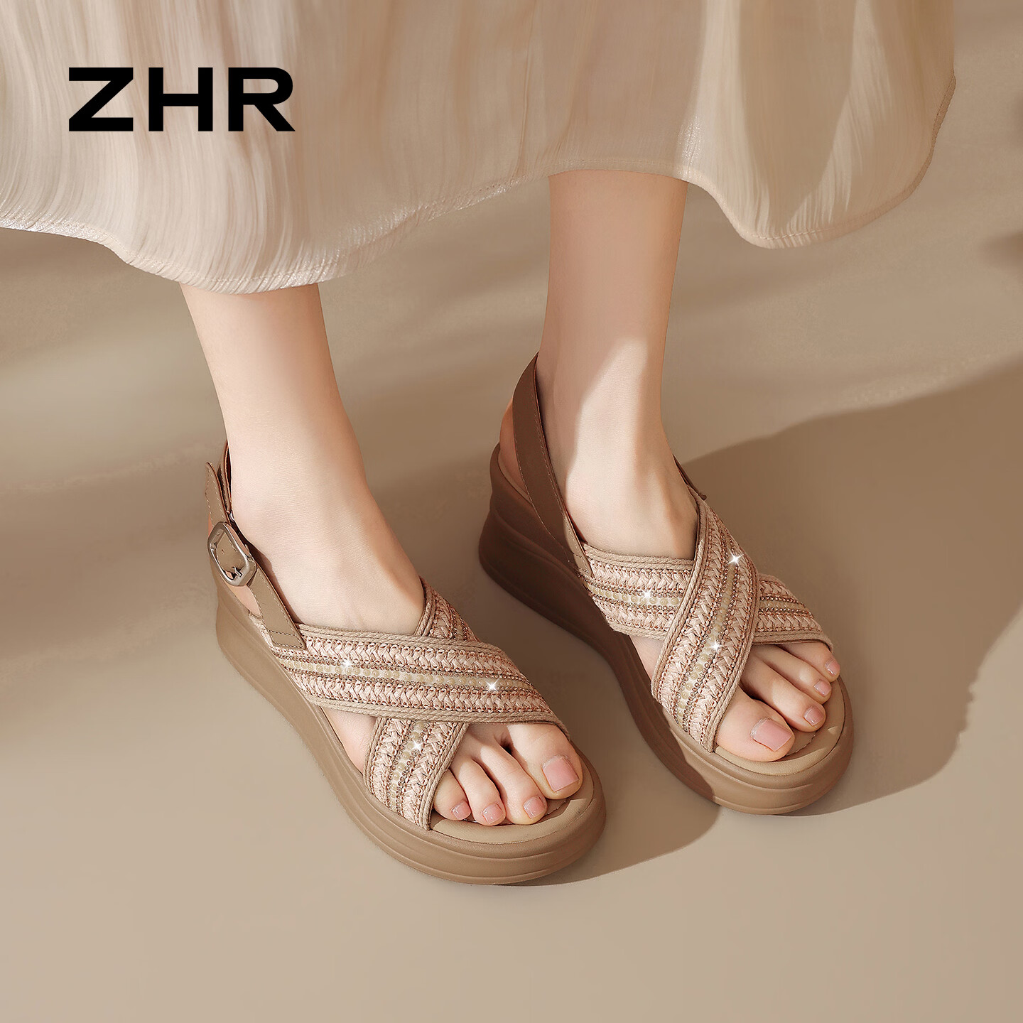 ZHR则则夏季凉鞋女新款度假风编织厚底坡跟女鞋配裙子女鞋 JF589卡其色35