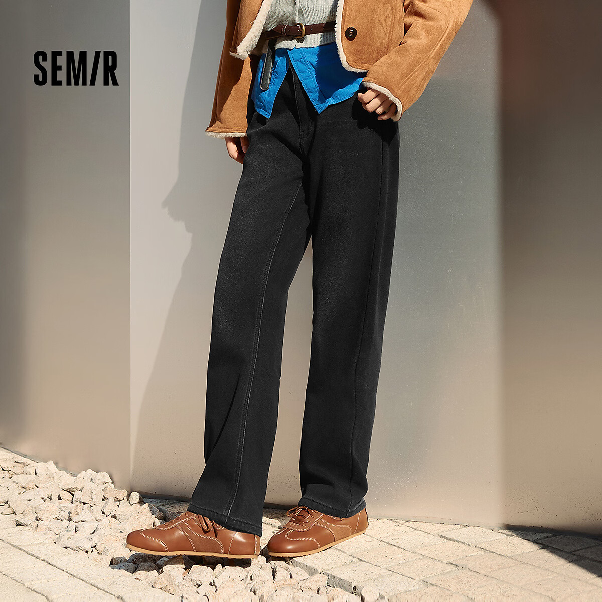 森马(Semir)牛仔裤女冬加绒做旧长裤女生保暖显腿长ins潮街头复古直筒裤 牛仔水洗黑98201 26