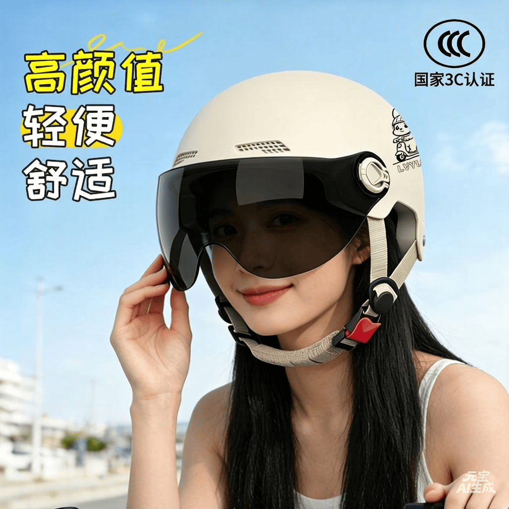 绿源（Luyuan）电动车头盔国标3C认证电瓶车成人夏季防晒骑行安全帽 兔子-卡其色-茶色长镜 常规款