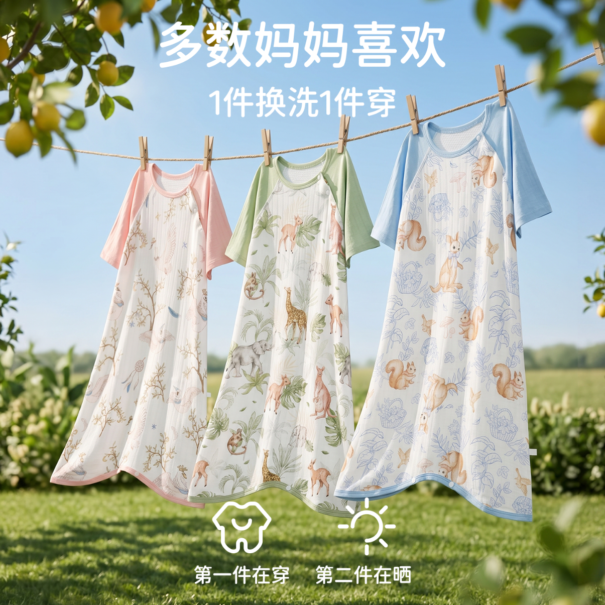 婧麒【山茶柔柔衣】婴儿睡袋春夏透气儿童睡裙防踢被宝宝分腿睡袍 欢乐森林【夏季清凉】一体睡袍 室温26℃以上 73cm【推荐身高65-75cm】建议年龄3-9个月