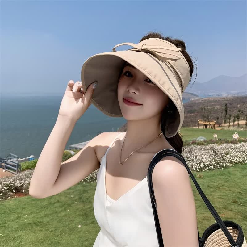 有只绵夏新款帽女显脸小户外防晒遮阳帽韩版百搭遮脸双面太阳帽子 卡其色 穿绳双面空顶 头围56-58cm-帽檐长12CM