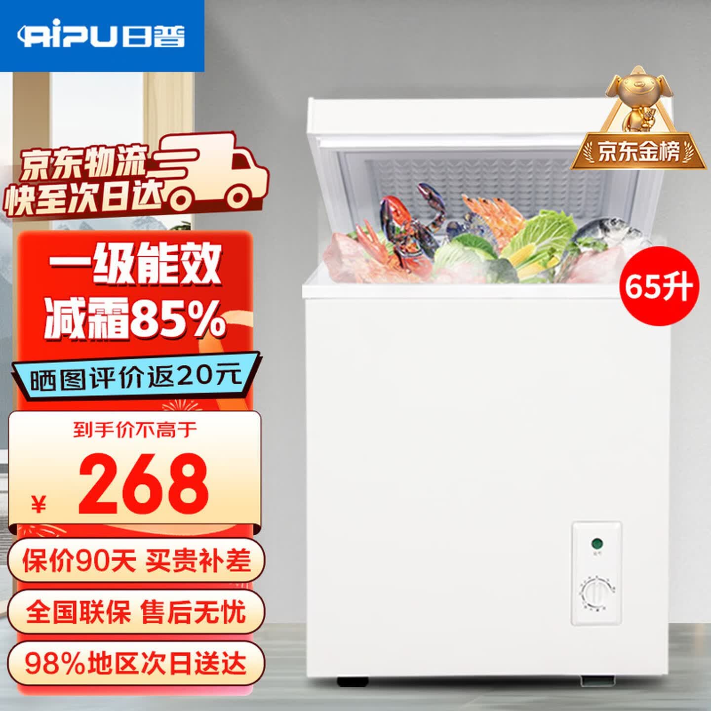 日普（RIPU）小冰柜家用小型一级能效 冷藏柜冷冻柜两用冰柜小型租房家用小冰箱小型冷柜 65升 【全网爆款 升级减霜85%】