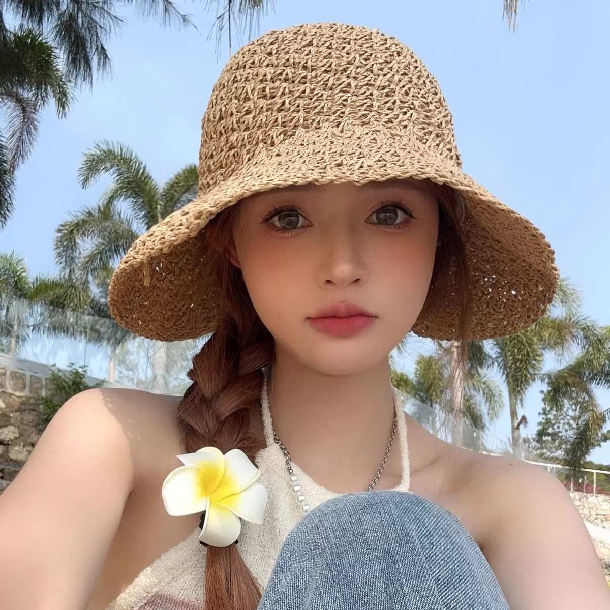 魅梓樱草编帽子夏季出游度假透气可折叠渔夫草帽大帽檐防晒太阳帽女遮阳 米色 均码 (56-58cm)