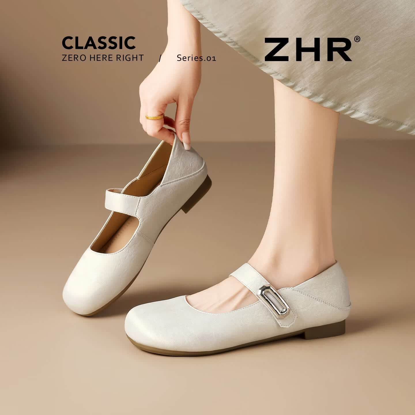 ZHR则则法式玛丽珍女鞋2026新款气质浅口单鞋时尚百搭平底小皮鞋 米色 38