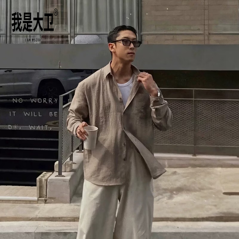 我是大卫亚麻长袖衬衫男夏季薄款透气复古英伦雅痞慵懒风衬衫外套 卡其色 L