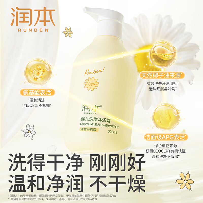 润本儿童洗发水沐浴露二合一氨基酸宝宝婴儿沐浴油沐抚触油护发素香皂 500ml*1瓶 【0岁+】洋甘菊婴儿款