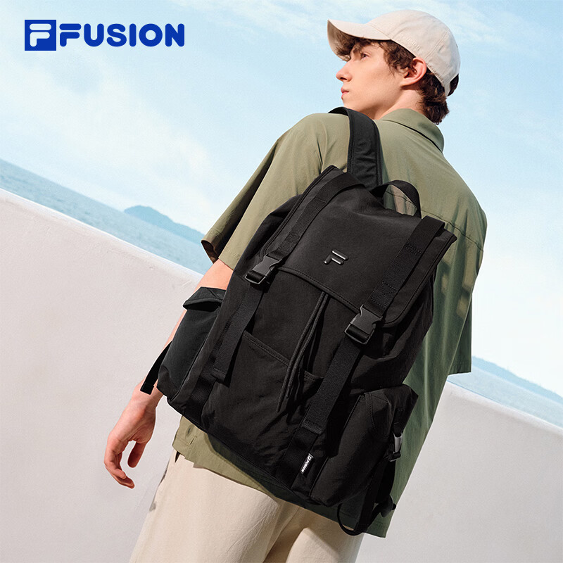 FILA FUSION斐乐官方包包情侣款背包2026夏季新款双肩包男子书包 深黑-BK
