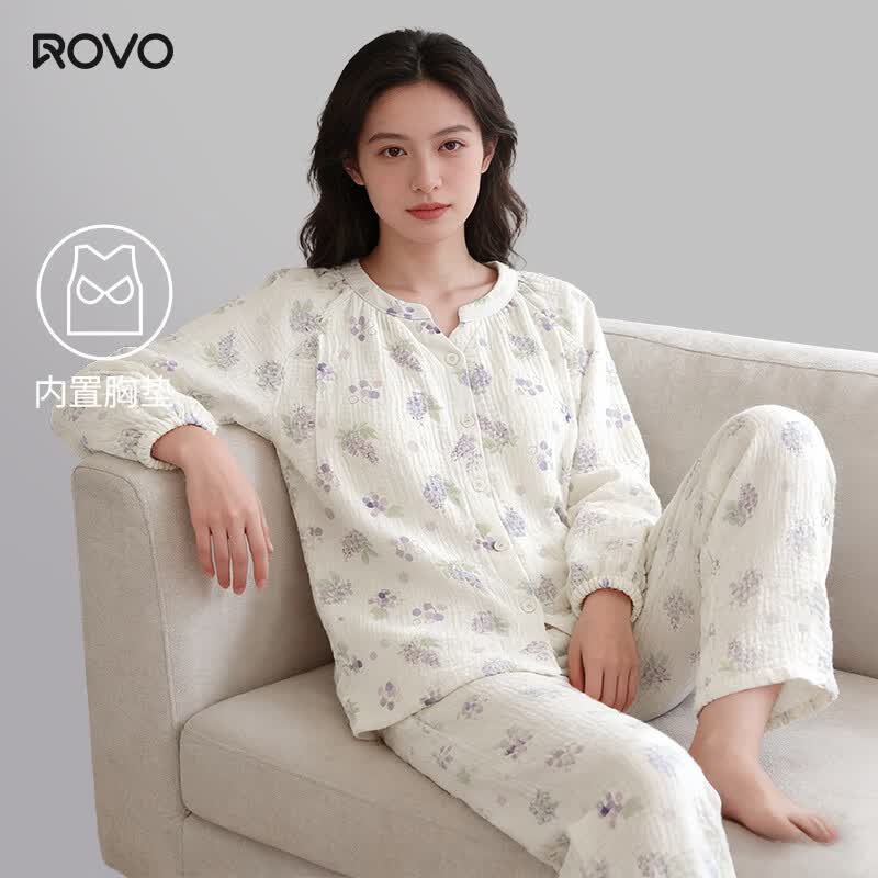 ROVO纯棉孕妇月子服睡衣产后哺乳纯棉开衫套装喂奶专用居家服 紫玉玫瑰【带胸垫】 M(适合于95-120斤)