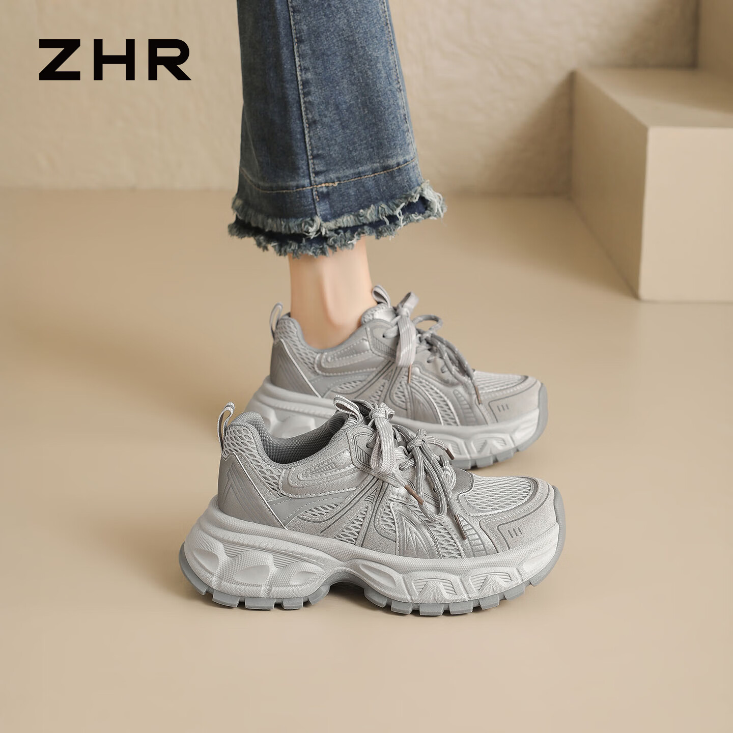 ZHR则则老爹鞋女2026春夏新款网面透气巨舒适厚底运动鞋休闲女鞋 灰色 38