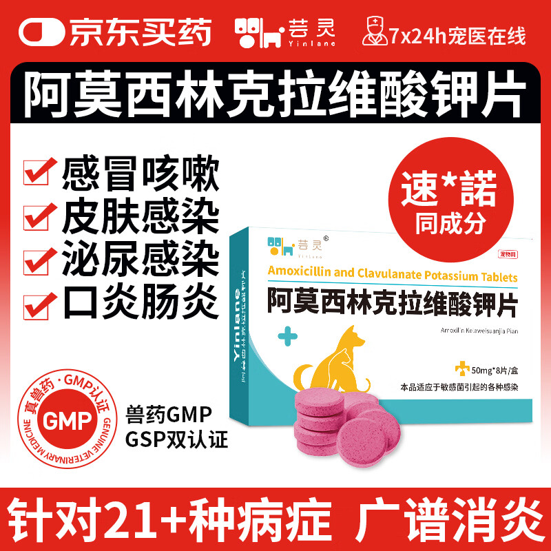 芸灵阿莫西林克拉维酸钾片猫狗感冒药宠物皮肤呼吸道细菌感染消炎药