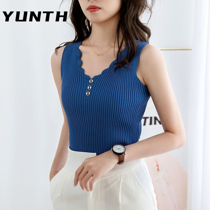YUNTH夏装冰丝吊带针织背心女美背宽松百搭无袖大码韩版打底V领显瘦 黑色不掉色 XS 建议80-90斤