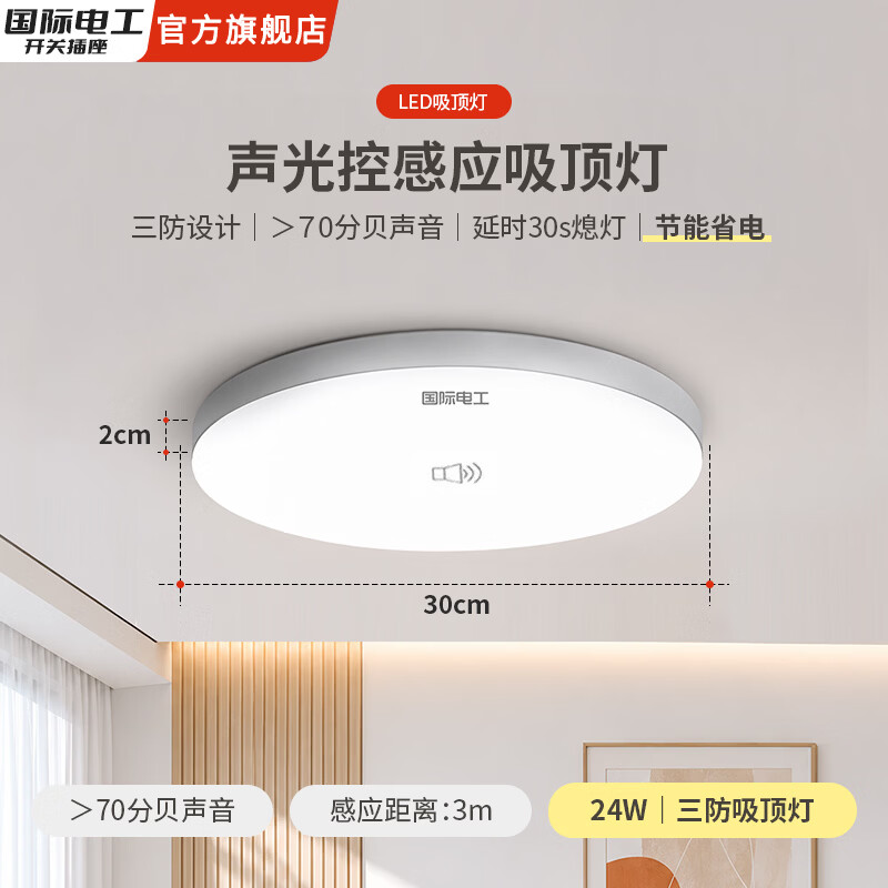 国际电工智能LED感应灯楼道灯三防吸顶灯过道走廊雷达声光控人体感应灯 【声光控感应-白光】24W 三防吸顶灯