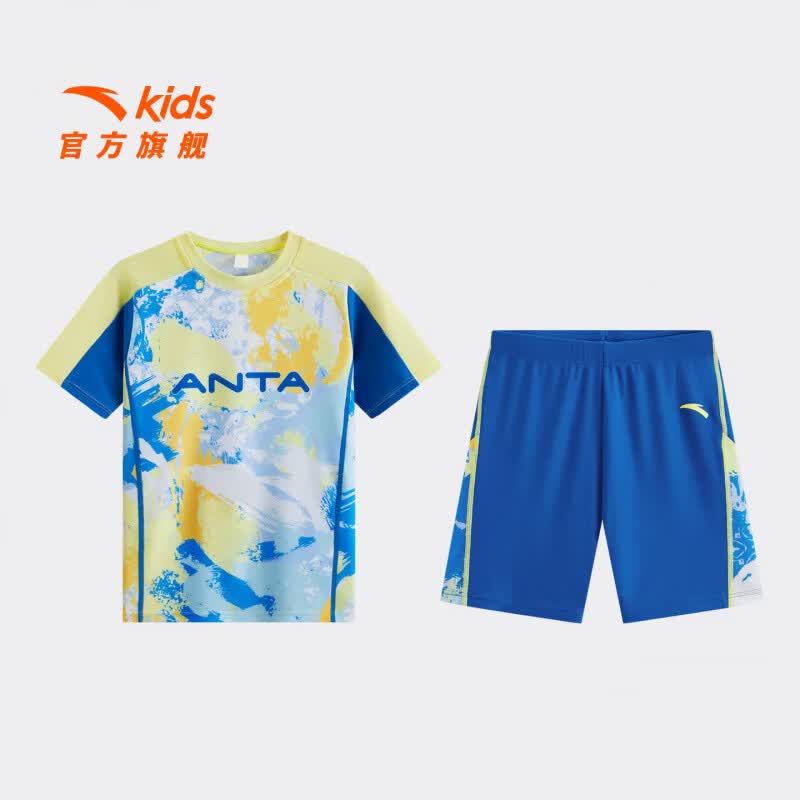 安踏儿童泳装男童分体2026年夏季新款速干防晒抗菌游泳泳衣泳裤套装 荧光黄/蓝色-2 150