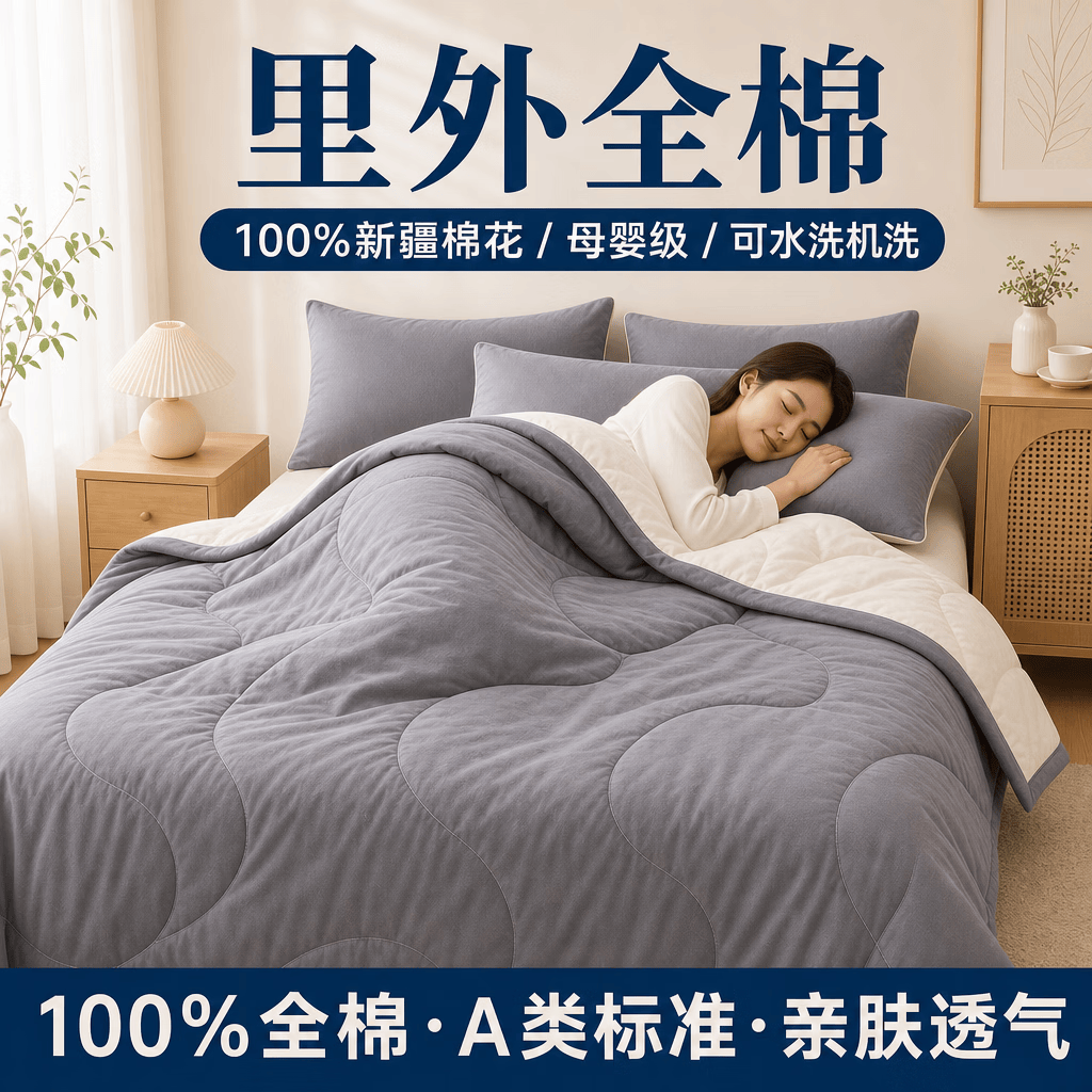 月夜星雨纯棉夏凉被空调被薄被春秋被凉感男女通用100%纯棉里外全棉被子 灰色+米色AB版 +送礼品袋+送浴巾 150cm*200cm