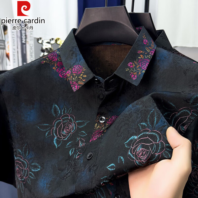 皮尔卡丹(pierre cardin)高级感冰丝短袖衬衫男士春夏季薄款中国风休闲无痕印花衬衣 红花 4XL 190/100A 185-200斤