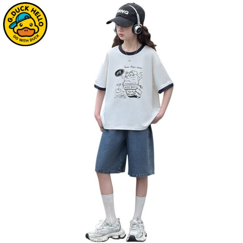 G.duck小黄鸭女童夏季韩版卡通印花短袖T恤套装款女孩夏款时尚牛仔短裤 猫咪套装 170 cm