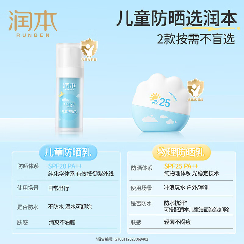 润本（RUNBEN）儿童防晒霜婴儿宝宝敏肌专用隔离紫外线0岁+婴幼儿物理防晒乳 【3岁+儿童】物理防晒乳40g* 1瓶