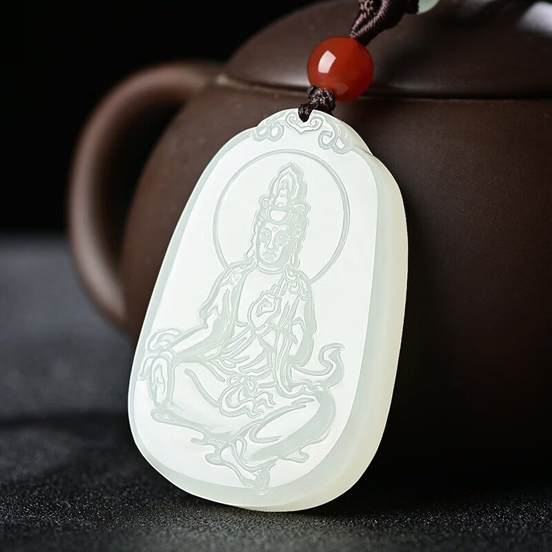 古甄轩和田玉观音牌子吊坠青白玉项链玉坠男士佩戴观音菩萨天然玉石送