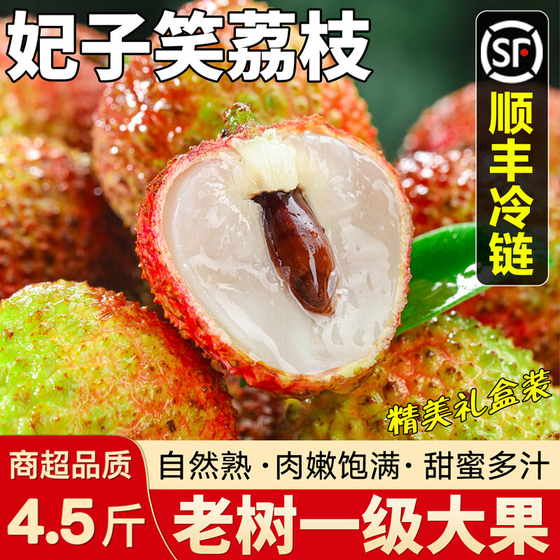 土八鲜【JD/顺丰】海南妃子笑荔枝 新鲜采摘水果 老树海口火山荔枝礼盒 净重4.5斤畅享装（单果16g+） 三重锁鲜（保温袋+冰袋+泡沫箱）