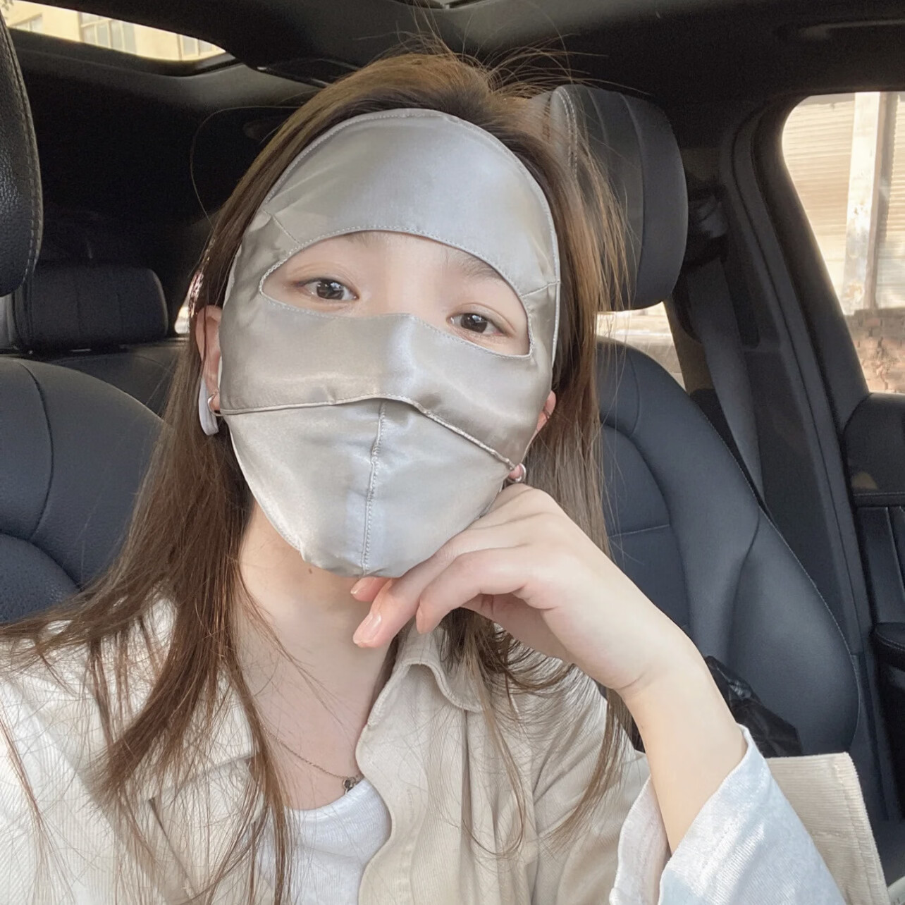 夏季防晒口罩100%桑蚕丝真丝遮阳面罩全脸脸基尼户外防紫外线脸罩 粉色口罩-100桑蚕丝
