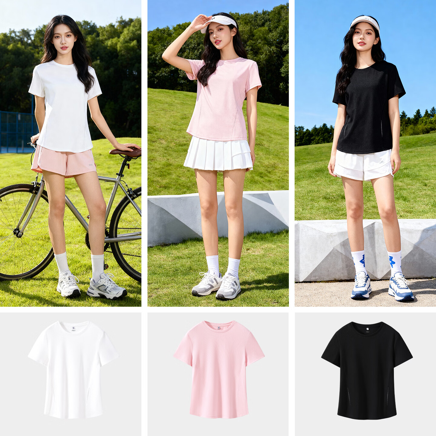 班尼路(Baleno)圆领拼接短袖T恤速干短裤套装女夏季女装新款潮流时尚休闲两件套 浅蓝#纯色+黑#纯色 XL