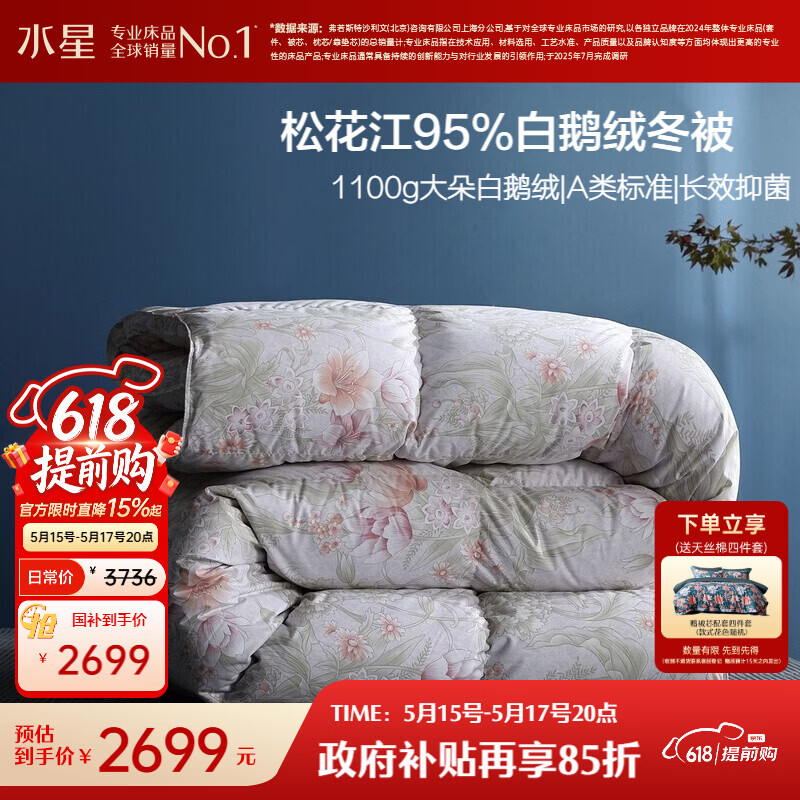 水星家纺羽绒被95%白鹅绒被子冬季加厚冬被芯双人羽绒被220cm×240cm1100g