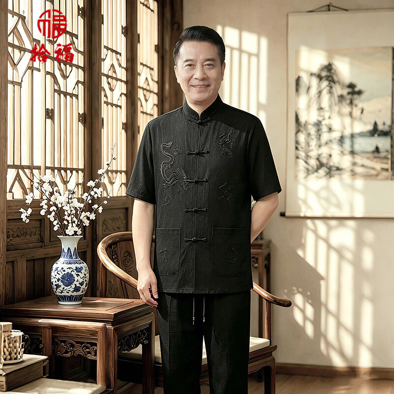 拾福唐装男中老年套装爸爸夏装短袖中国风男装老年人简约休闲衣服爷爷 深灰色 4XL （190-205斤）