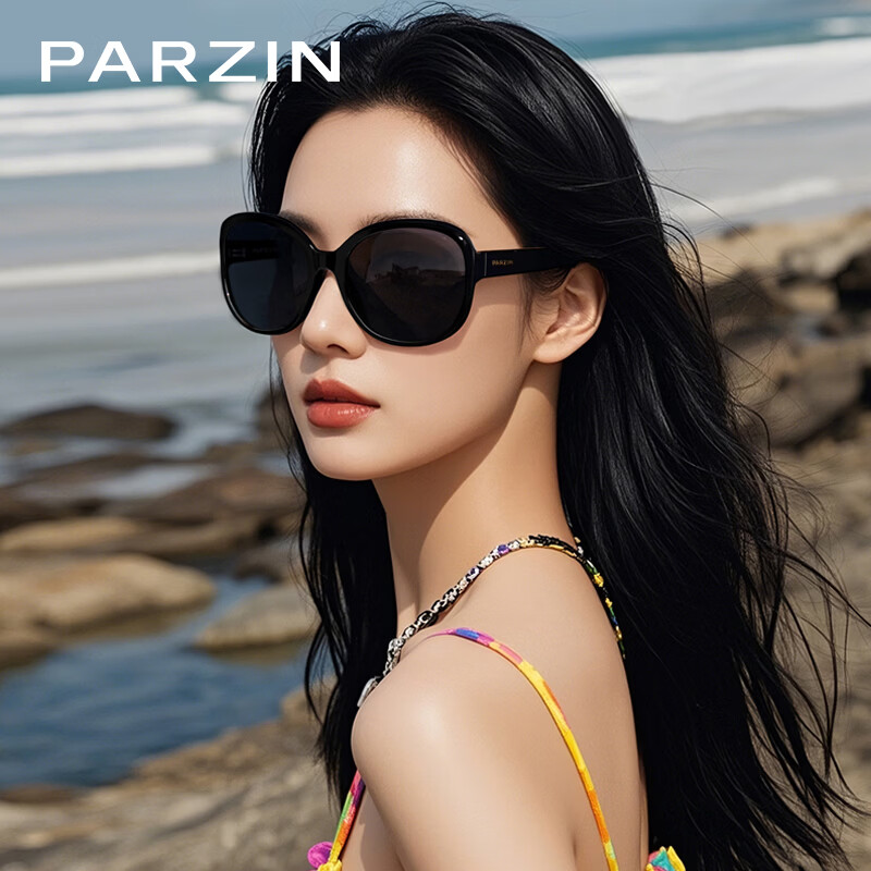 帕森（PARZIN）太阳镜女 复古大框时尚偏光太阳眼镜开车驾驶遮阳防晒墨镜送礼物 黑框渐灰片【PZ9908】
