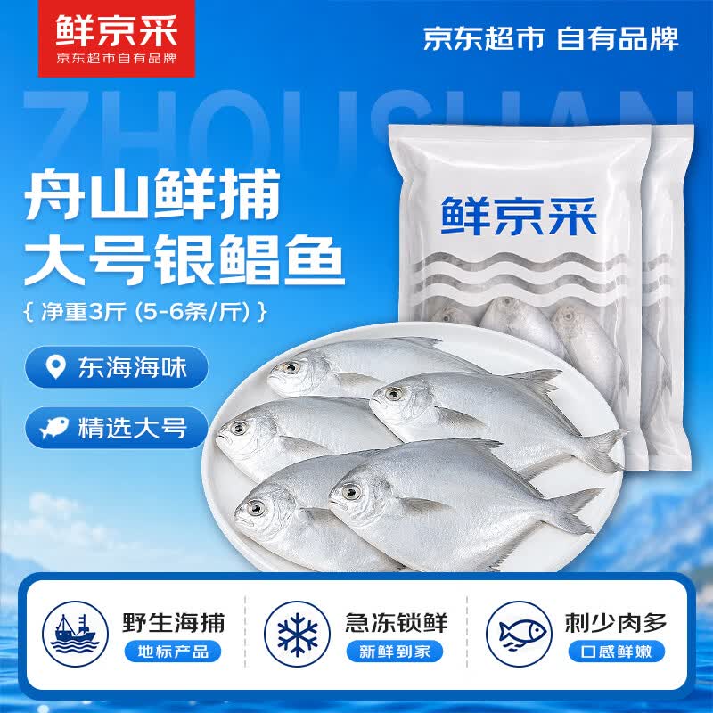 鲜京采【京东自有品牌】冷冻舟山鲜捕大号银鲳鱼3斤 5-6条/斤 源头直发