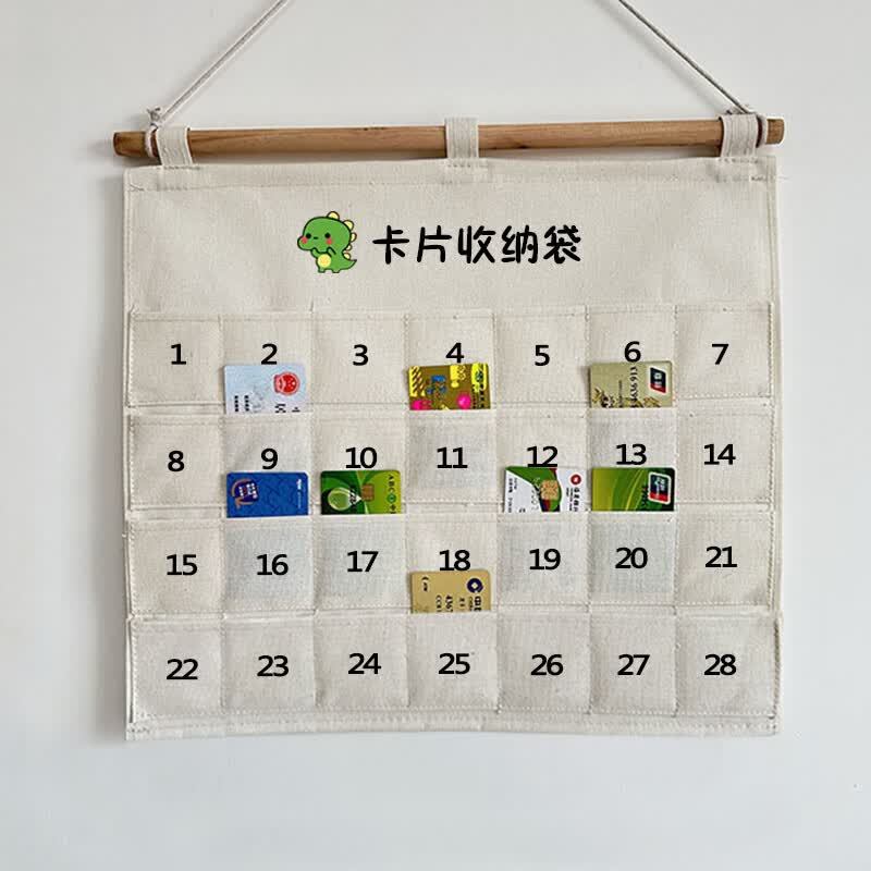 棉麻多层墙挂式身份证名片信用卡水电卡收纳袋房卡银行卡储物挂袋 口袋尺寸:6*6cm 66纯色 卡片收纳袋28格