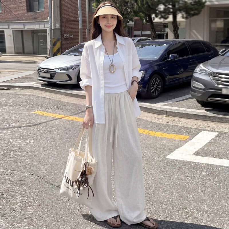 亚麻弯刀裤女夏季薄款2026新款垂感宽松慵懒风冰丝山本棉麻阔腿裤 深灰-小个子 L -建议(110-125斤)