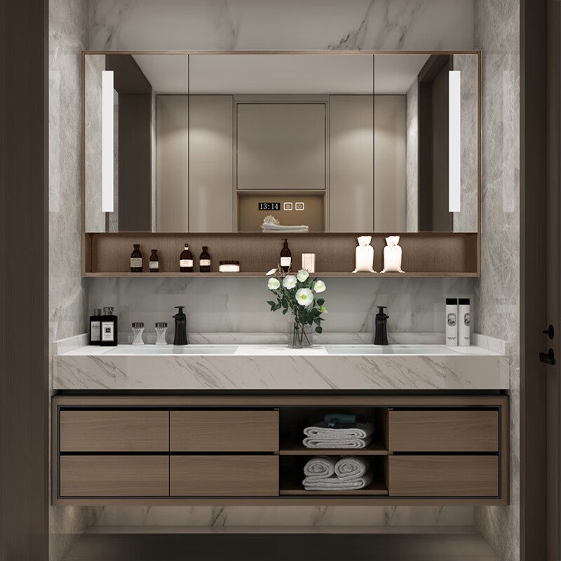 台现代简约洗手间智能镜柜定制大理石双盆浴室柜卫生间定做面盆台面