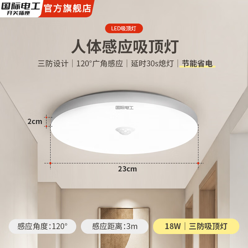 国际电工智能LED感应灯楼道灯三防吸顶灯过道走廊雷达声光控人体感应灯 【人体感应-白光】18W 三防吸顶灯