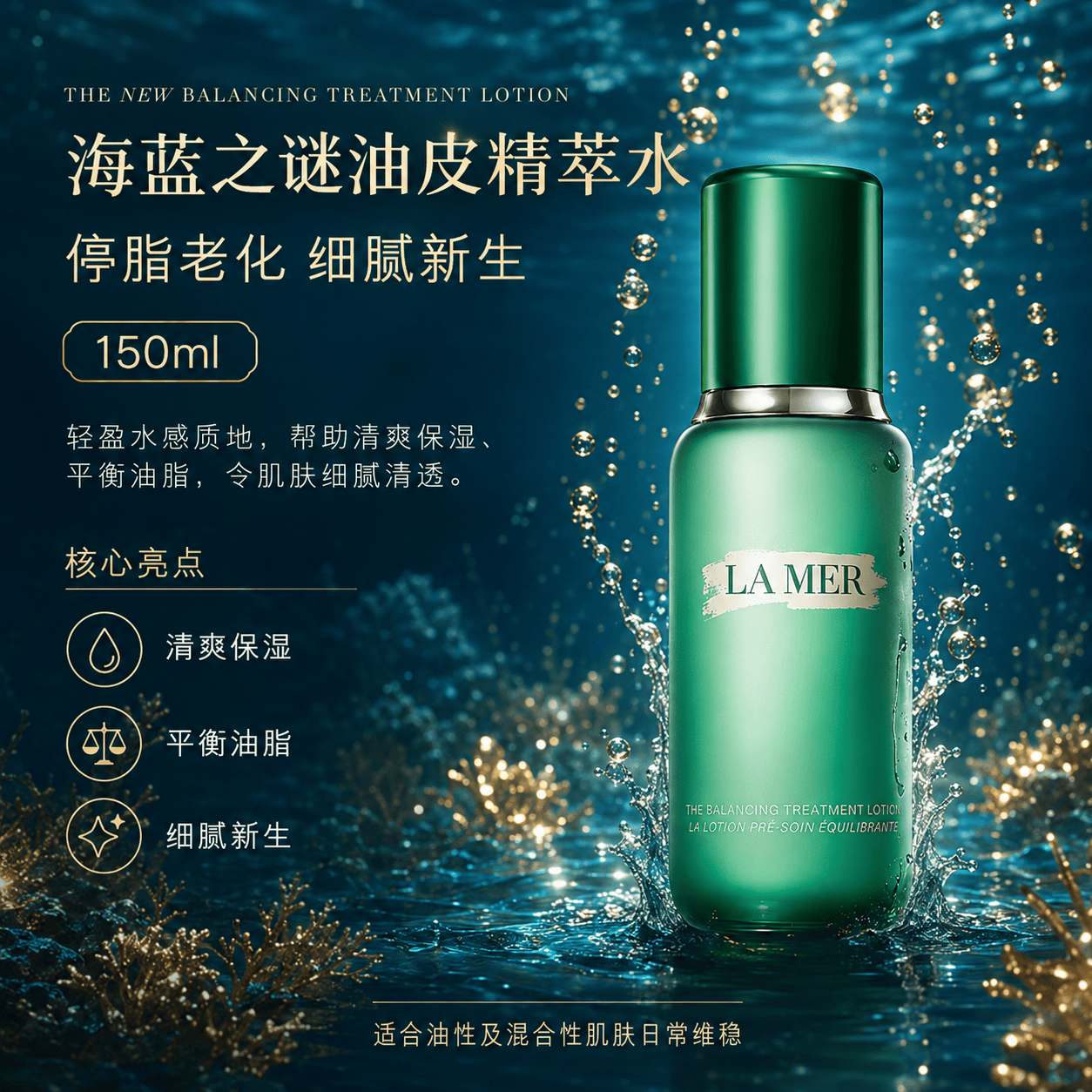 海蓝之谜（LA MER）精粹水身体霜精粹乳浓缩精华面霜眼霜套装送女闺蜜妈妈礼物 海蓝之谜油皮水+乳+面霜 送礼盒礼袋