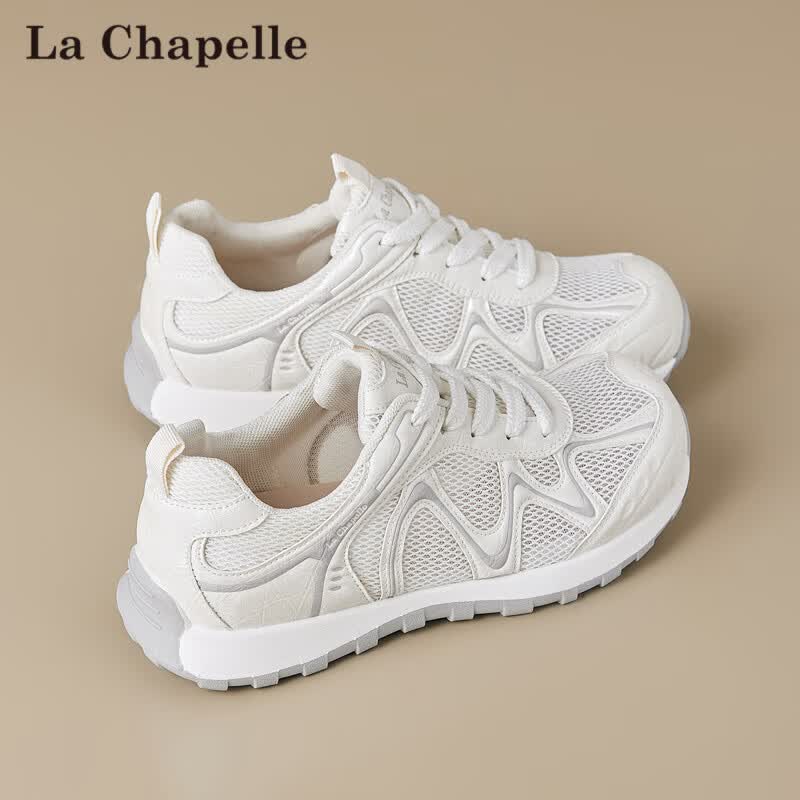 拉夏贝尔（La Chapelle）女鞋网面鞋新款轻便透气跑步鞋休闲简约运动鞋E885 米白 38