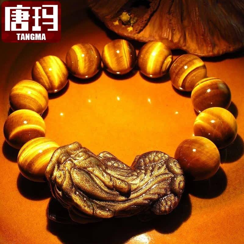 baby7a黄虎眼石手链男配金沙黑曜石貔貅黑曜石手串猫眼木变石14mm珠