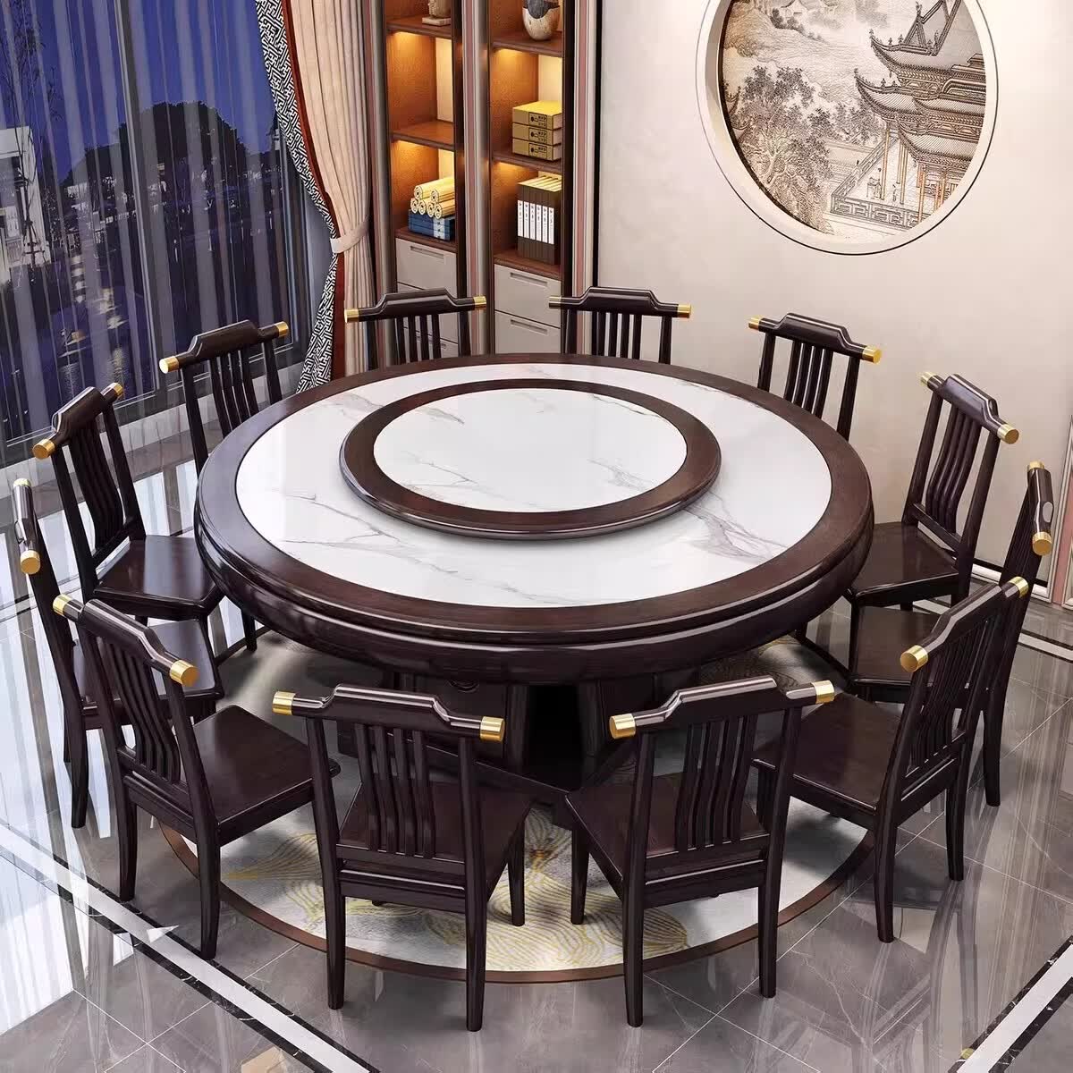 溥畔餐桌圆形电磁炉火锅饭桌饭店吃饭桌子2m大圆桌 2米进口岩板桌+14椅（送包边岩板转盘）