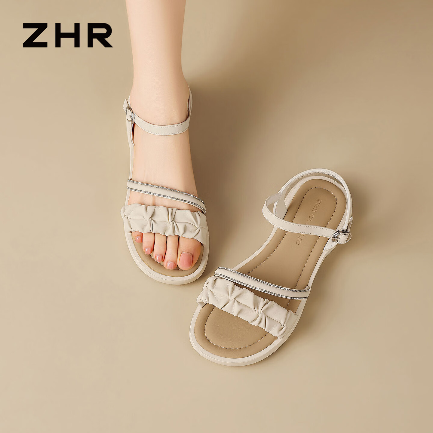 ZHR则则平底凉鞋女夏季新款外穿优雅女鞋气质百搭一字带凉拖JF573米色37
