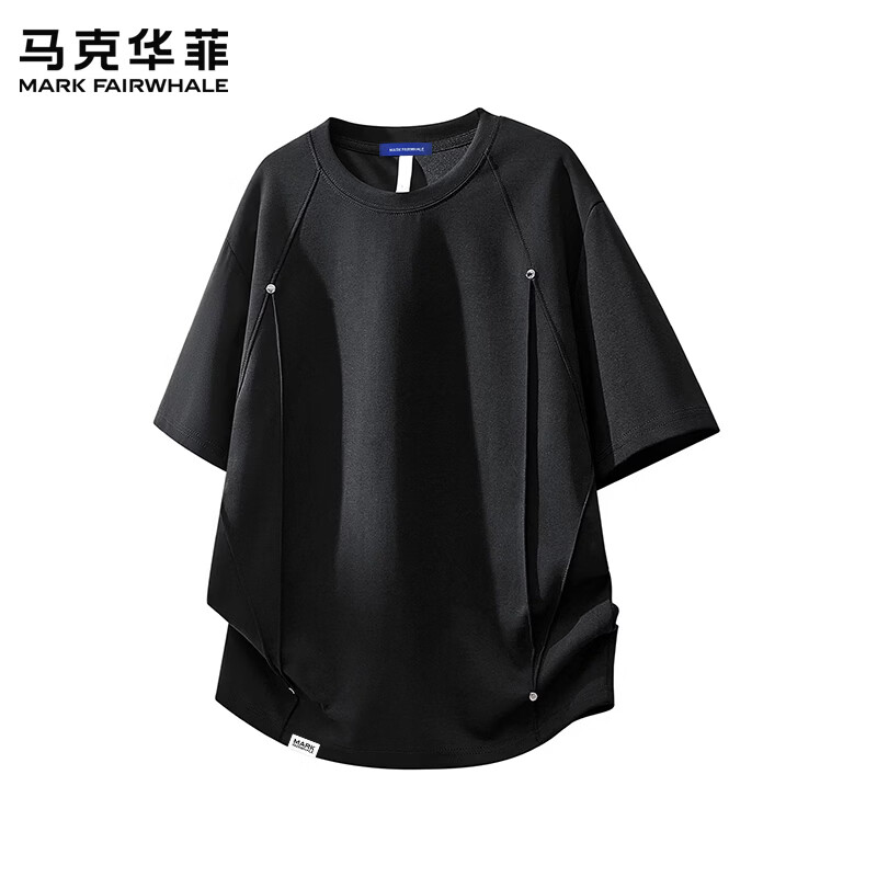 马克华菲(MARK FAIRWHALE)美式复古解构铆钉短袖T恤男士2026夏季圆领百搭宽松休闲上衣服装 深灰色+深灰色 【优惠两件装】 L 【建议110-125斤】