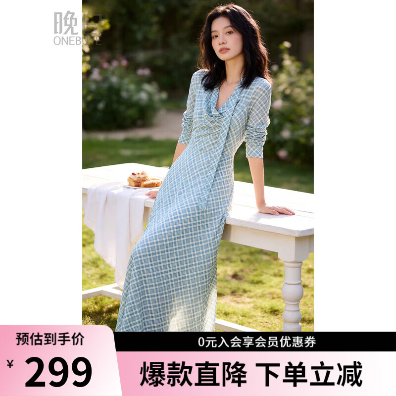 晚白2026年春款法式复古格纹度假风荡领裙子高弹垂感免烫氛围感连衣裙 深蓝色 XL