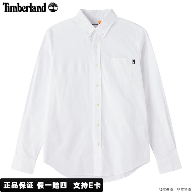 添柏岚（Timberland）衬衫男装 26春夏新款白色打底简约商务休闲上衣宽松透气翻领衬衫 纯棉亲肤/白色/A2ES5A94 M 175