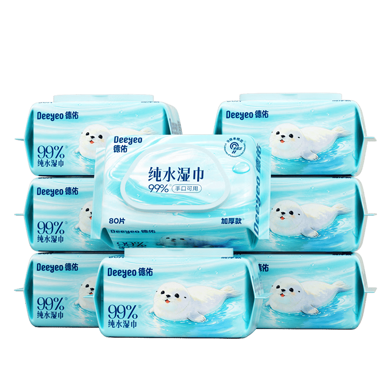 德佑纯水湿巾加厚装 80抽*8包 湿巾大包婴儿湿纸巾弱酸离子水无酒精
