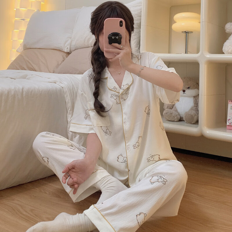 伊棠朵睡衣女夏季短袖三件套甜美可爱兔兔短裤长裤少女可外穿家居服套装 套MM2702# L 【建议100-115斤】 伊棠朵睡衣女夏季短袖三件套甜美可爱兔兔短裤长裤少女可外穿家居服套装 套MM2702# L 【建议100-115斤】
