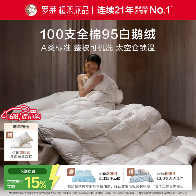 罗莱家纺 羽绒被子 A类95%水洗白鹅绒100支全棉立体防风工艺四季被芯