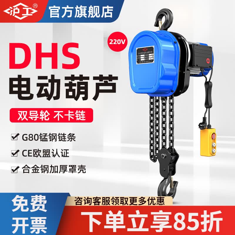 沪工电动葫芦220V小型1/2/3/5吨DHS链条式提升机吊机起重机 220V 1吨9米