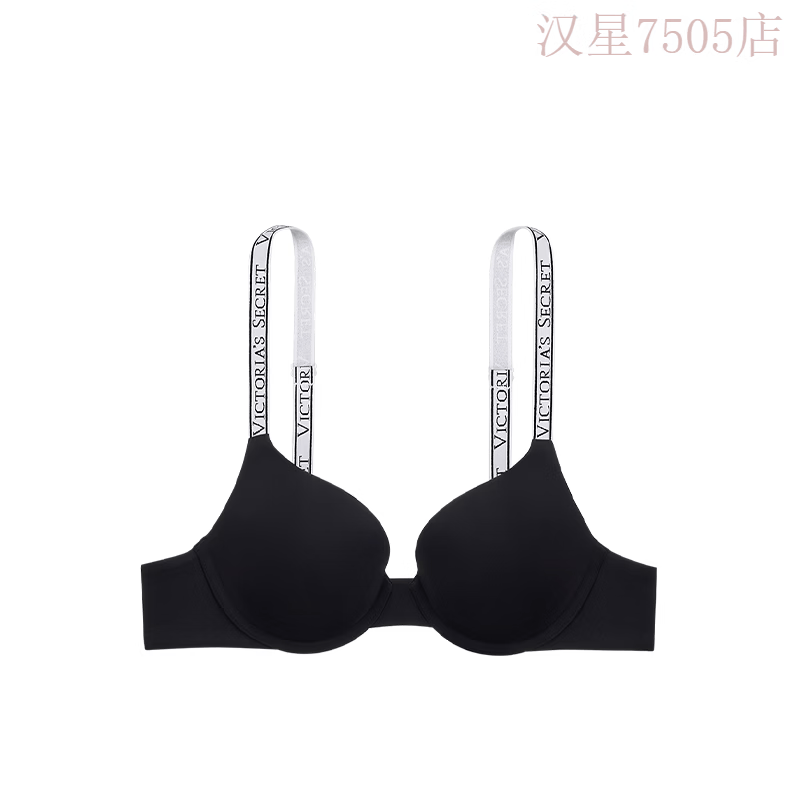 维密LOGO字母肩带聚拢文胸性感无痕T恤搭档隐形粉底液内衣女夏薄 54A2黑色-有钢圈 65A 30A