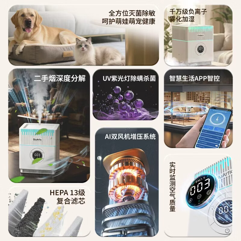 BLUARTIC【夏南极】空气净化器除甲醛家用加湿器空气净化器一体机鼻炎杀菌抑菌办公室桌面除烟味除异味专用 APP智控款【净化加湿两用+紫外线杀菌+实时监测】