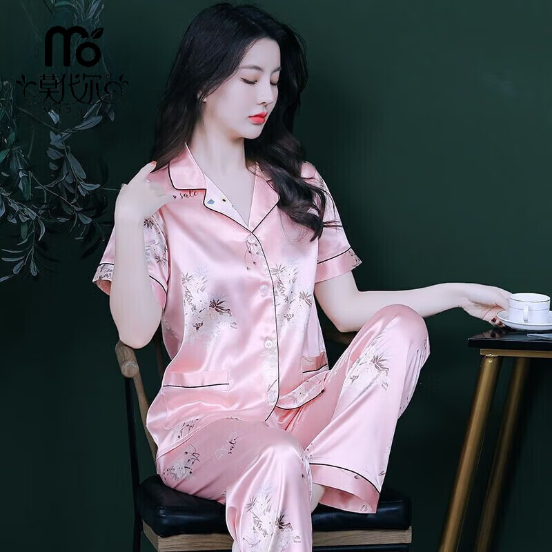 莫代尔睡衣女春夏季薄款短袖冰丝女士休闲大码家居服两件套装夏天可外穿 短长粉红彩虹糖 L 适合106-115斤