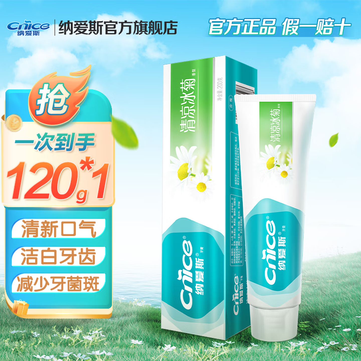 纳爱斯牙膏清新洁白鲜果盐白冰菊家庭装多种口味可选去异味去渍牙龈护理 120g*1支