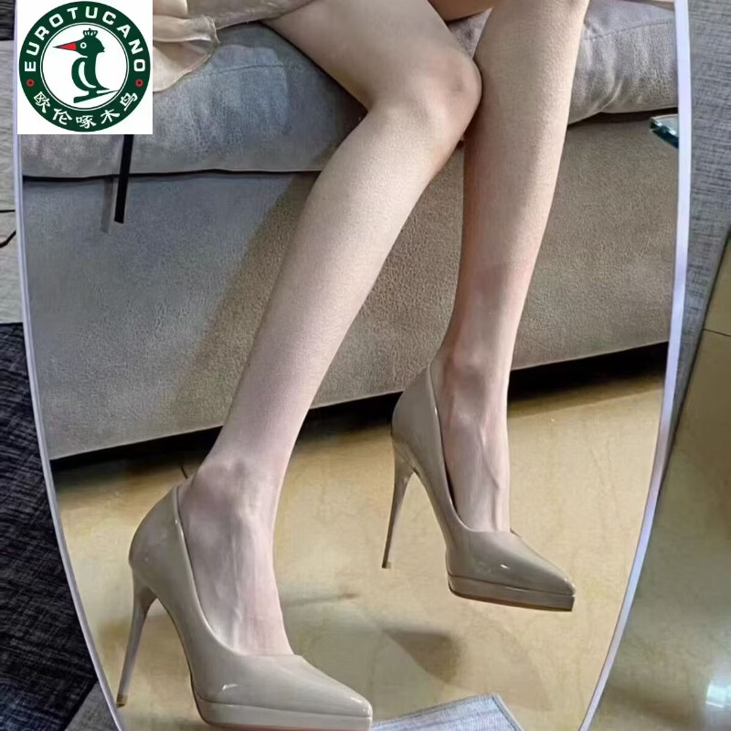 欧伦啄木鸟(EUROTUCANO)防水台高跟鞋女2026夏季新款尖头细跟裸色鞋漆皮性感礼仪时尚单鞋 裸色8cm 37